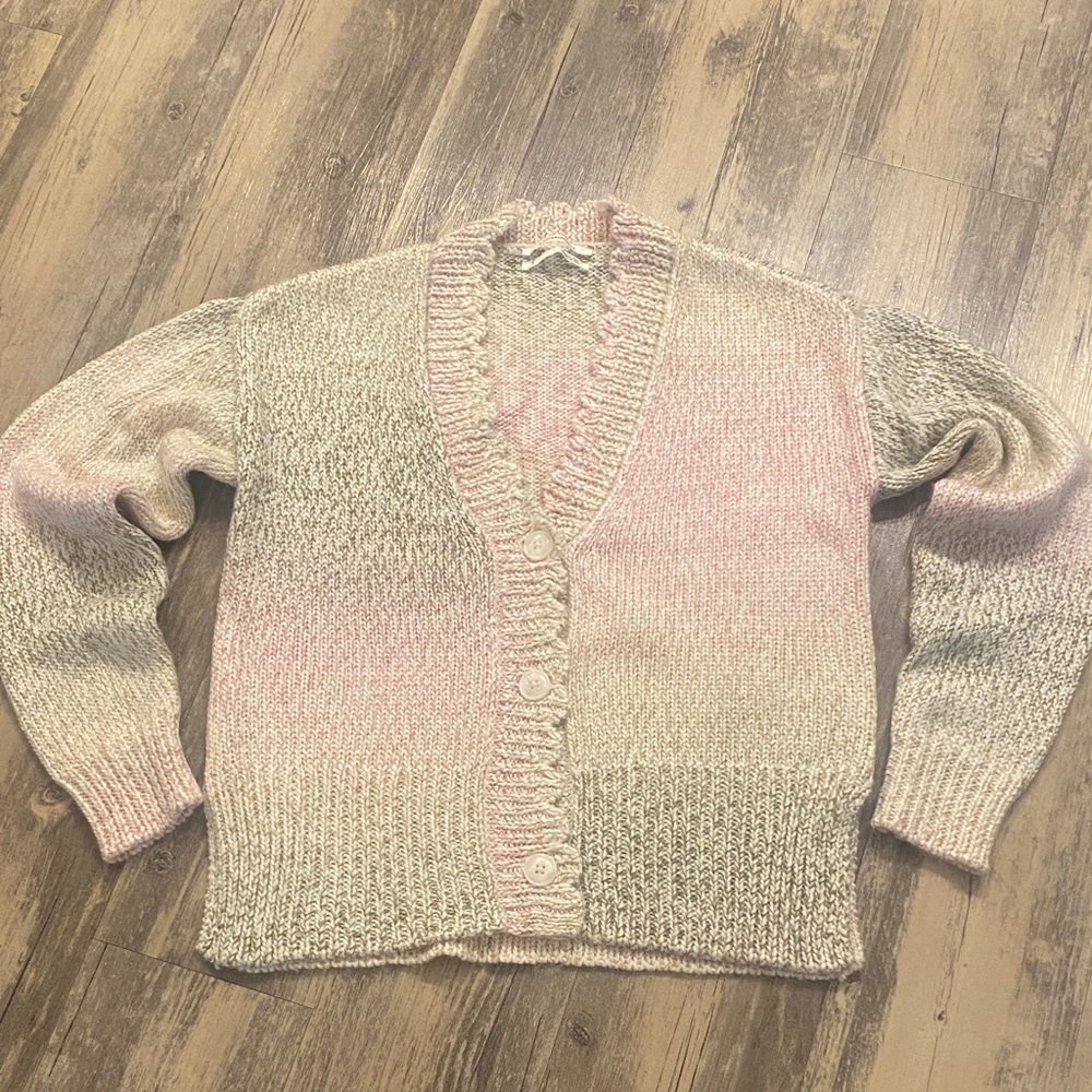 Anthropologie Aimee Scalloped Soft V Neck Cardigan Pink Green Size XS